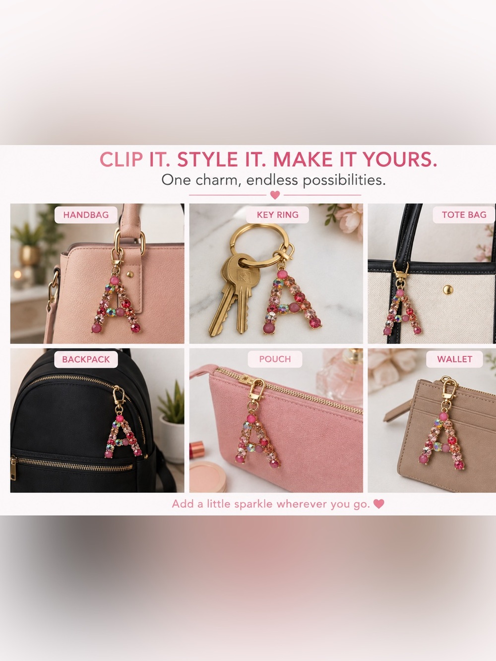 True to Form Pink Crystal 'A' Handbag Charm Keychain NIB